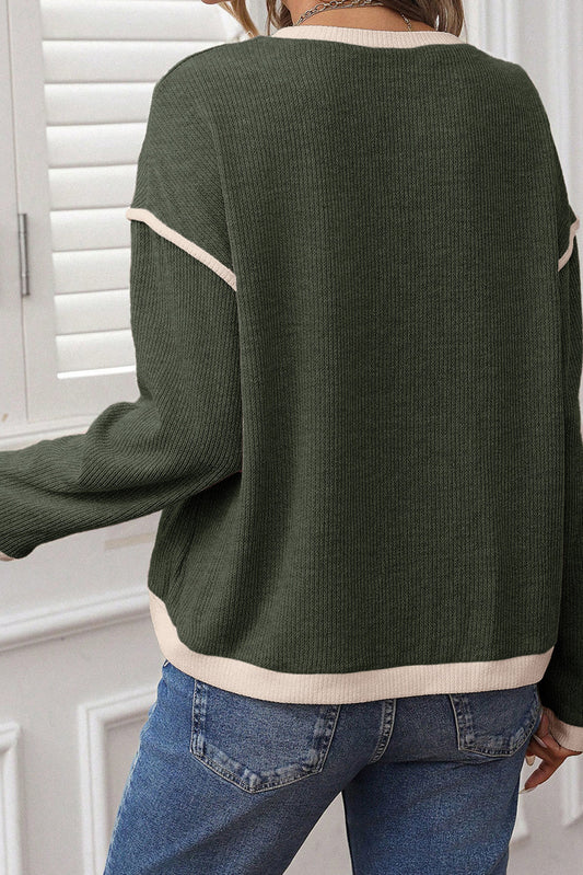 Four Leaf Clover Merry Patched Graphic Contrast Trim Christmas Knitted Long Sleeve Top Dear-Lover Dropshipping