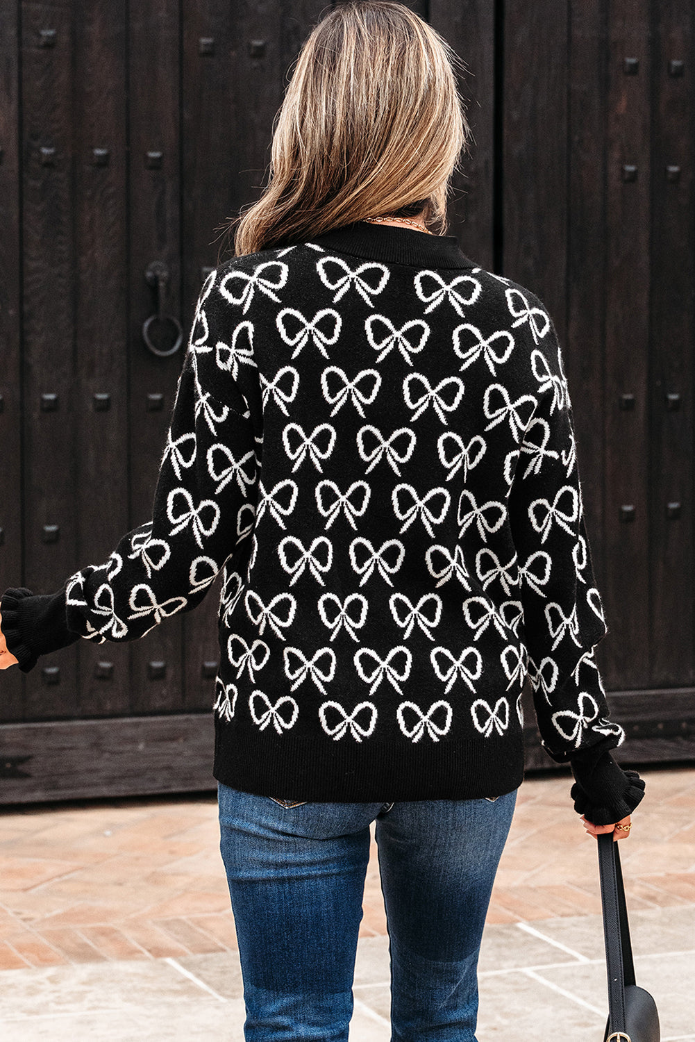 Black Cute Bow Pattern Drop Shoulder Zipped Collar Sweater Dear-Lover Dropshipping